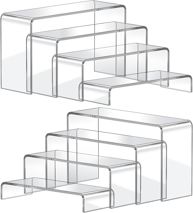 FUNFERY Acrylic Display Risers, 2 Set(7.8" L~8.2" L~8.6" L~9Ã¢ÂÂL) Display Shelf for Figure, Collectibles, Cupcake, Clear Acrylic Stands for Dessert, Jewelry, Candy Showcase, 4 Tier Action Figure Stand
