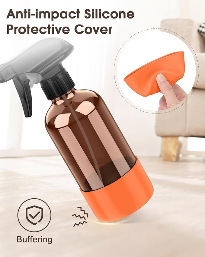 Bontip Glass Spray Bottle with Silicone Sleeve Protection, Amber Glass Spray Bottle Set for Window Cleaner Aromatherapy Facial Hydration Watering Flowers Hair Care 2 Pack/8 oz (Black & Orange)