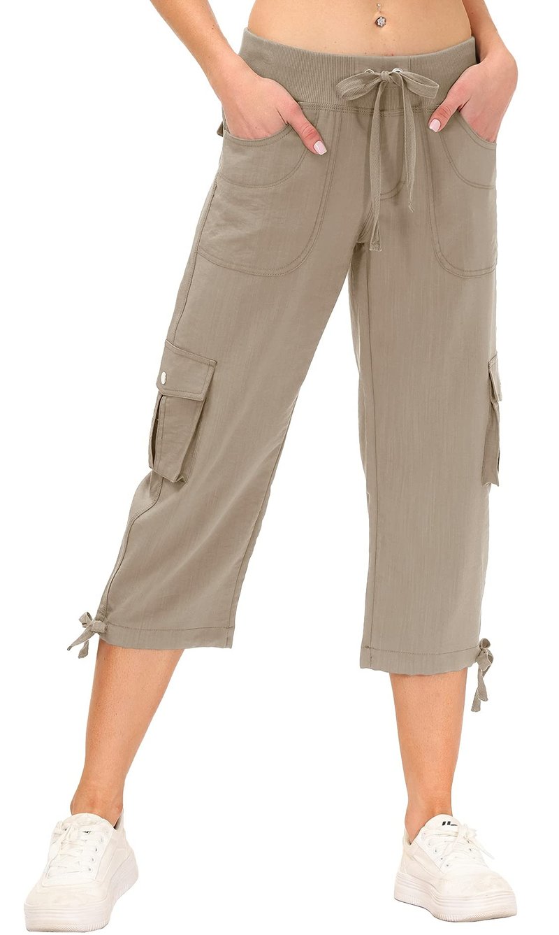 MoFiz Women's Sports Capri Pant Cargo Hiking Pants Lightweight Quick Dry Running Outdoor Capris for Women UPF 50+ Button Pockets Khaki L