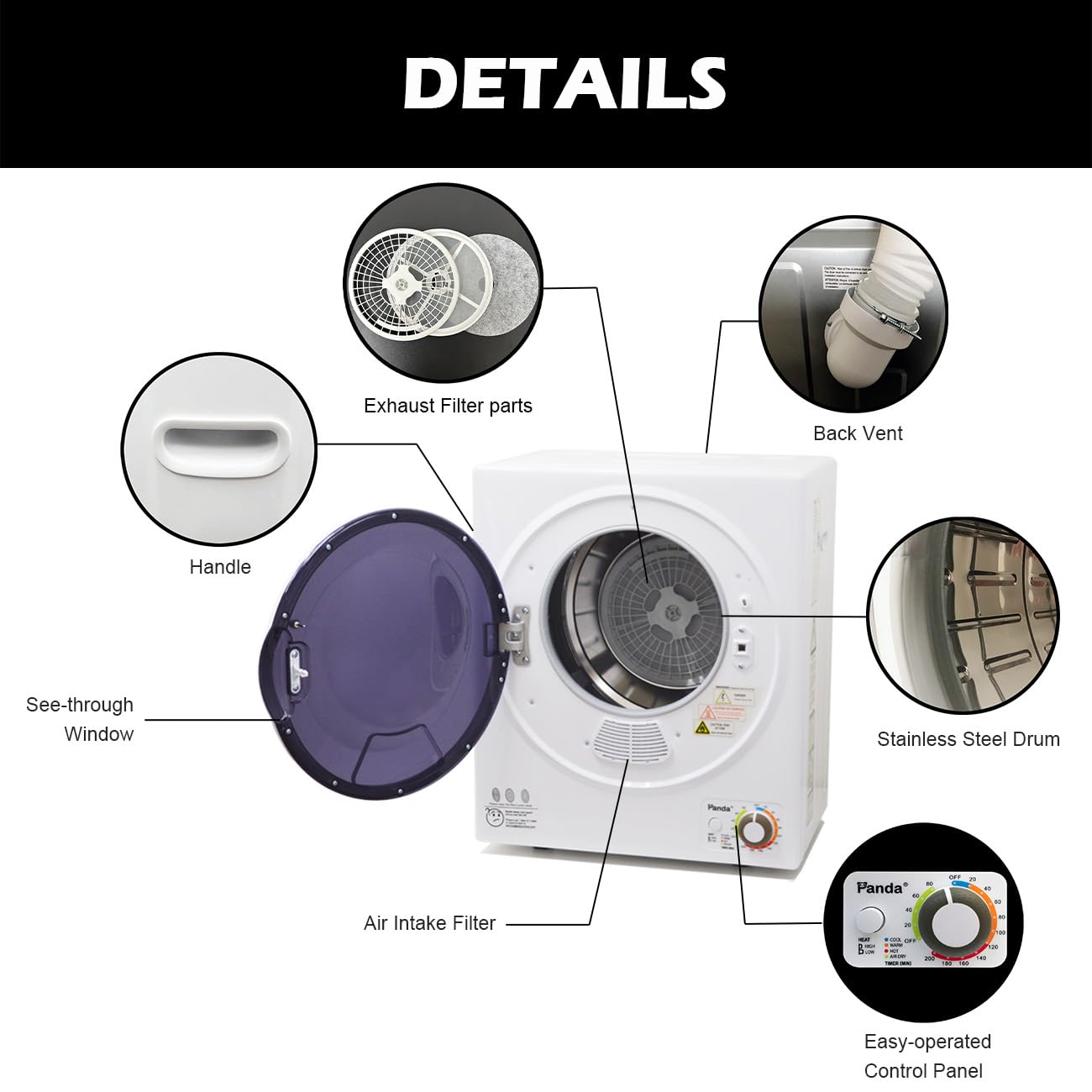 Panda Portable Clothes Dryer – 1.5 cu.ft Compact Electric Dryer, 850W, Stainless Steel Tub, 110V – Ideal for Apartments, Dorms & Small Loads