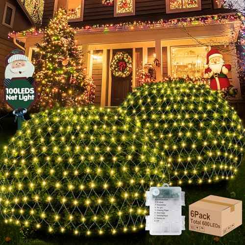 Hezbjiti Pack of 6 Battery Operated Christmas Net Lights Outdoor Total 600 LED 5FT x 3.3FT Waterproof Timed Memory Mesh Lights for Xmas Trees Bushes Garden Yard Lawn Patio Christmas Decor (Warm White)