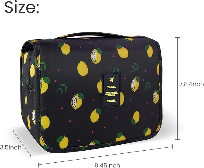 Large Capacity Toiletry Bag Travel Bag with Hanging Hook for Men and Women Waterproof Travel Cosmetic Bag Bathroom Storage Bag for Brushes Set,Full-Sized Shampoo,Accessories-Black Lemon