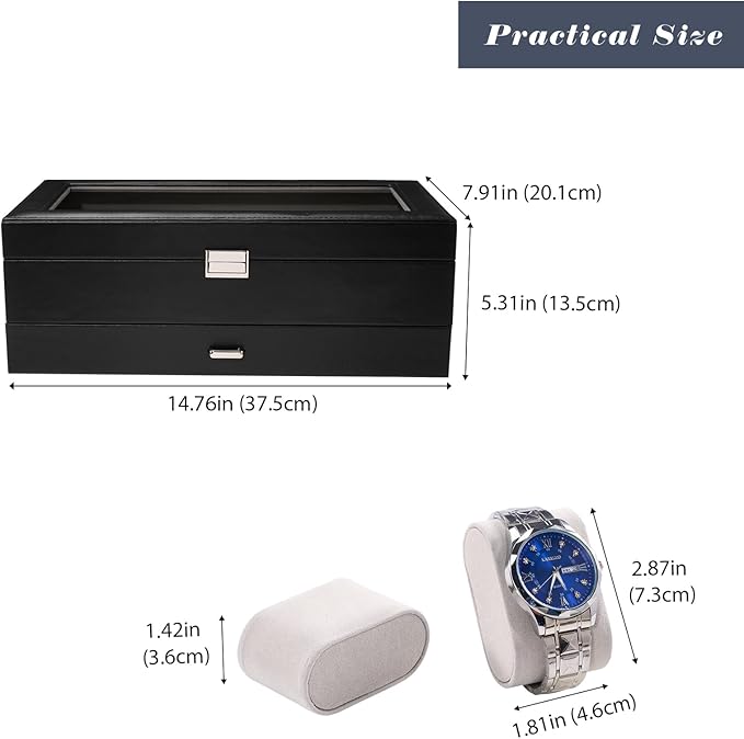 ProCase Watch Box, 14 Slot Mens Watch Case With Drawer, 2-Layer Watch Display Case With Glass Lid, Mens Jewelry Box Storage Holder Organizer, Birthday Valentine Gifts for Men -14Slot, Black