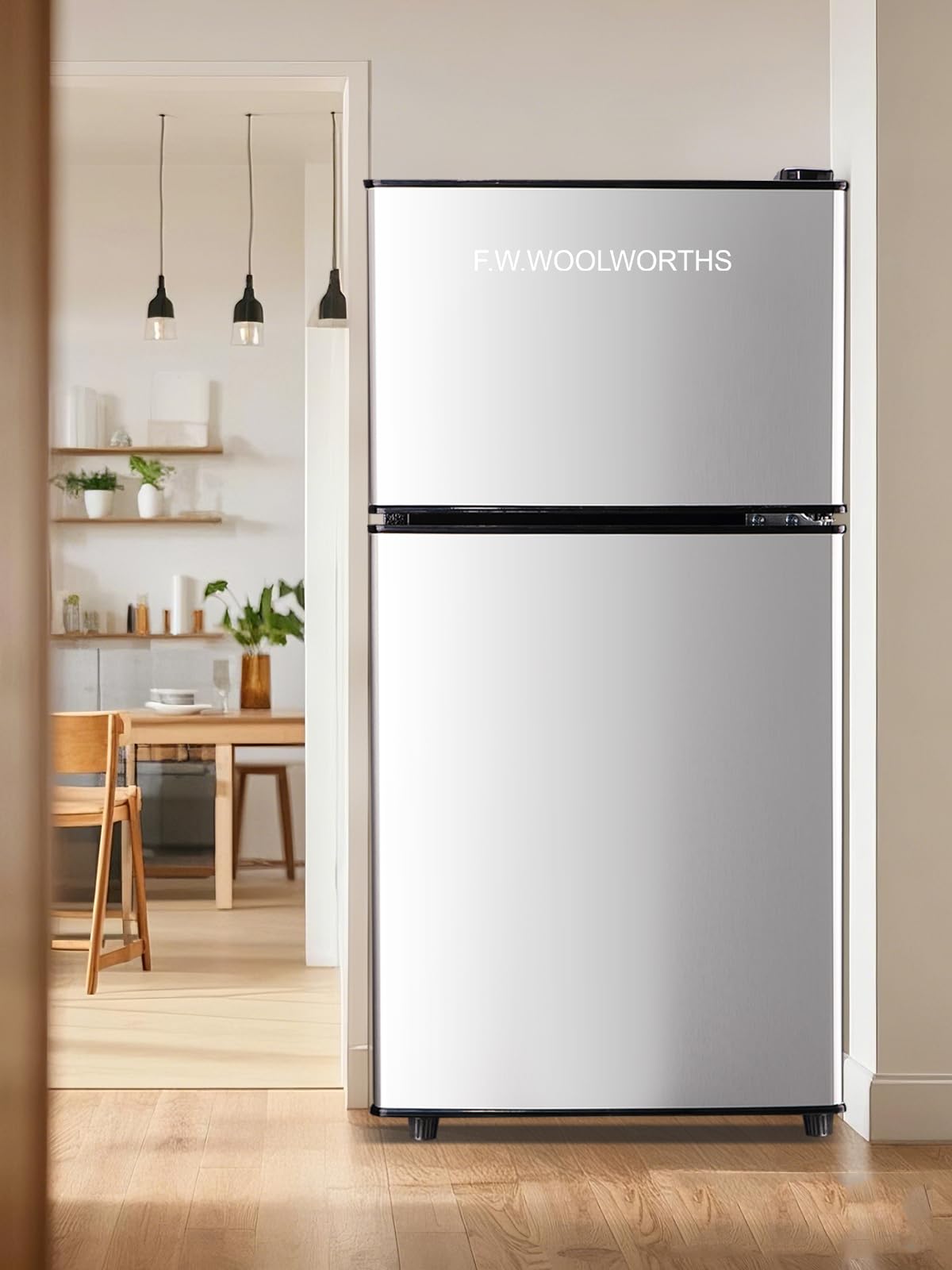 F.W.WOOLWORTHS 3.5 Cu.Ft Fridge with Freezer, Refrigerator with 2 Doors for Office, Kitchen, Dorm and Bedroom, Fridge with 7 Level Temp Adjustable Thermostat, Silver
