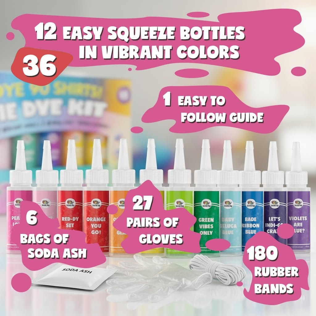 DOODLE HOG Tie Dye Kit for Kids & Adults - 36 Large Tye Dye Bottles with 12 Colors & Tie Dye Powder, Soda Ash, Gloves - Tie Dye Kits for Large Groups
