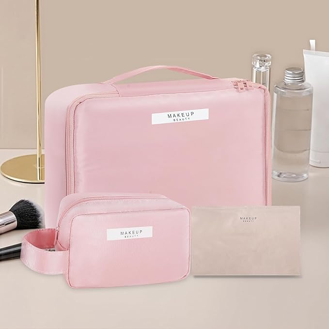 Travel Makeup Bag Cosmetic Bag Makeup Bag Toiletry bag for women and men (Pink-3pcs)