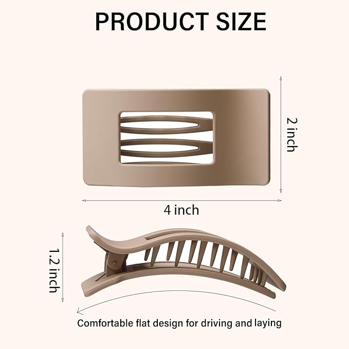 4 Pack Large Flat Hair Clips for Women, Rectangle Matte Non-slip Lay Down Claw Clips, French Strong Hold No Crease Barrettes for Thick & Thin Hair, Stylish Square Hair Accessories (Brown)