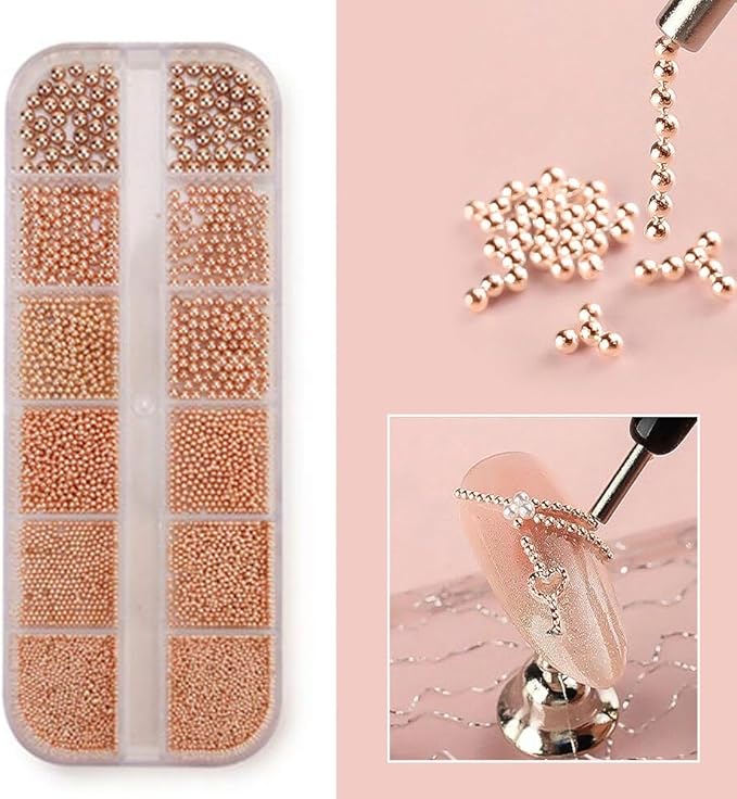 0.8mm Mini Small Nail Beads Stainless Steel Beads Nail Chain Charms Nails Art Decorations Gun Grey Rose Gold Caviar Nail Charms DIY Tool Nail Studs Accessories Caviar Art (Rose)