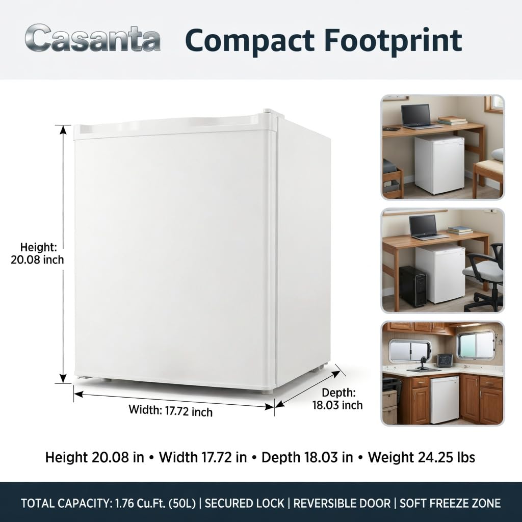 Casanta 50L. Mini Fridge with Lock and Key, Compact Refrigerator with Chiller Compartment, Quiet Energy Efficient Small Fridge for Dorm, Bedroom, Office, RV, Garage - White