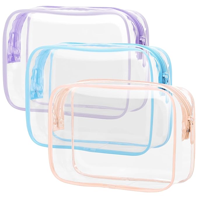 PACKISM TSA Approved Toiletry Bag 3 Medium - Quart Size Clear Makeup Bag for Carry On, Airport Security Compliant Clear Travel bag for Toiletries with Reinforced Seams, Blue Purple Pink