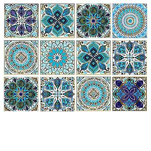 Kakofaci Mandala Style 12 Pcs (6x6 in) Decorative Tile Stickers, Peel and Stick Self Adhesive Removable Moroccan Talavera Tiles Backsplash Waterproof Kitchen Bathroom Furniture Staircase Home Decor
