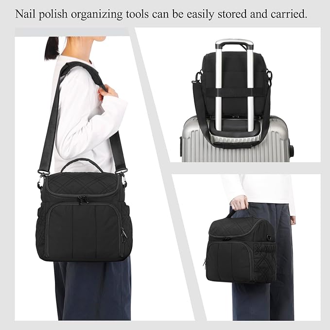 Nail Polish Organizer with 2 Detachable Cases Hold 60 Bottles & Nail Lamp, Portable Nail Organizers and Storage with Handle & Shoulder Strap, Travel Nail Bag for Manicure Tools