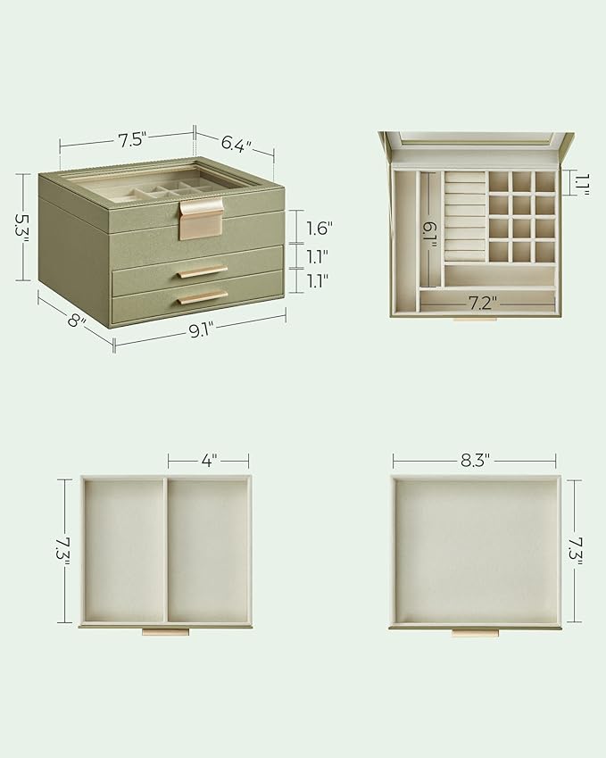 SONGMICS GISELLA Collection - Jewelry Box Organizer, 3-Layer Jewelry Storage with 2 Drawers, Shiny Metal Hardware, Glass Lid, Modern, 8 x 9.1 x 5.3 Inches, Avocado Green and Gold Color UJBC239C02