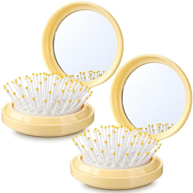 Boao 2 Pack Foldable Travel Mirror Hair Brushes Round Portable Folding Pocket Hair Brush Mini Comb Compact Travel Size Massage Comb for Men Women(Yellow,Round)