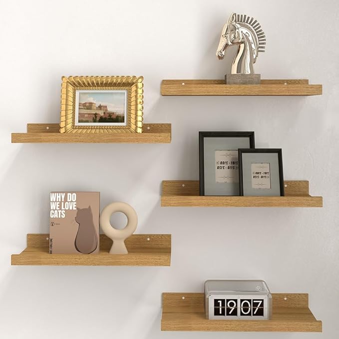 RICHER HOUSE 5 Set Floating Shelves for Wall Decor, Wall Mounted Book Shelf, Nursery Shelves Picture Ledge Shelf with Lip for Storage, Bedroom, Living Room, Bathroom - Oak
