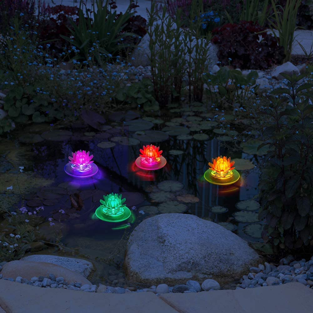 4 Pack Solar Lotus Pond Lights, Floating Color Changing Lotus Flower Pool Lights Led Waterproof Outdoor Swimming Pool Pond Submersible Lights