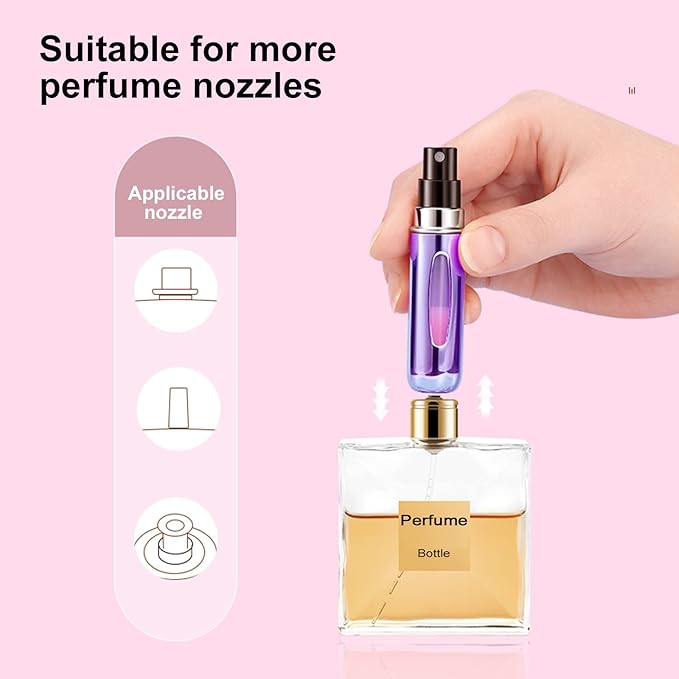 Portable Mini Perfume Atomizer Bottle, Atomizer Perfume Spray, Scent Pump Case, Refillable Travel (5ml, 5 Pack) (Purple, Gold, Green, Red, Black)