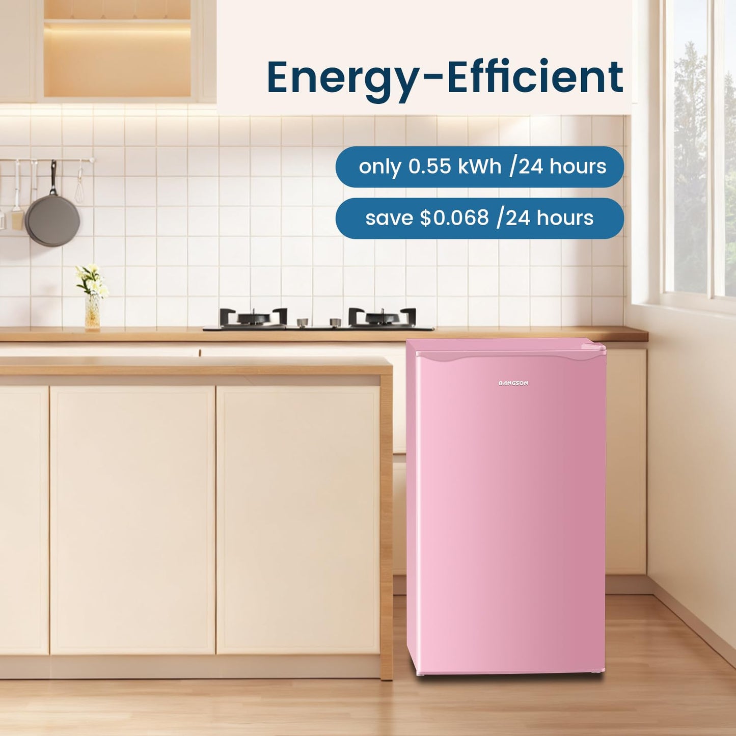 BANGSON Mini Fridge with Freezer, 3.2Cu.Ft, Single Door Small Refrigerator, Energy-efficient, Low Noise, Mini fridge for Bedroom Dorm and Office, Pink