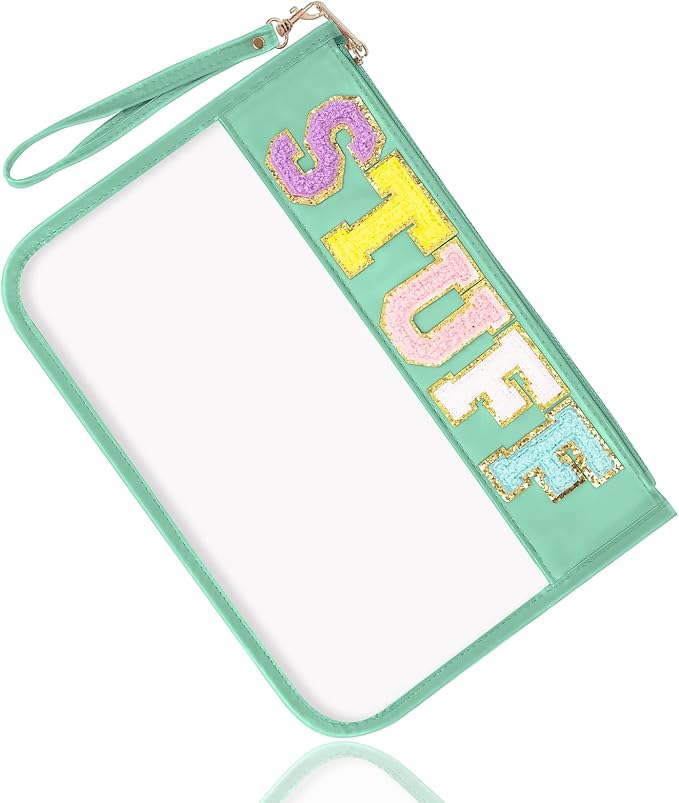 Chenille Letter Clear Bag Stuff Purse, Monogram PVC & PU Clear Zipper Pouch with Wristlet, Waterproof Portable Glitter Snacks Makeup Beach Toiletry Bag for Women Girls (STUFF-Green)