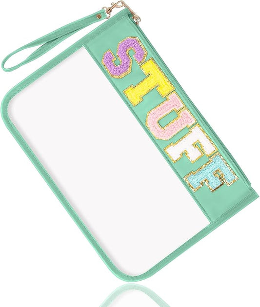 Chenille Letter Clear Bag Stuff Purse, Monogram PVC & PU Clear Zipper Pouch with Wristlet, Waterproof Portable Glitter Snacks Makeup Beach Toiletry Bag for Women Girls (STUFF-Green)