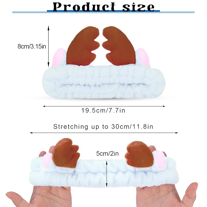 Jowmoy Cute blue antlers Headband Frog Eye Elastic to Wash Face for Women Makeup Shower Spa.