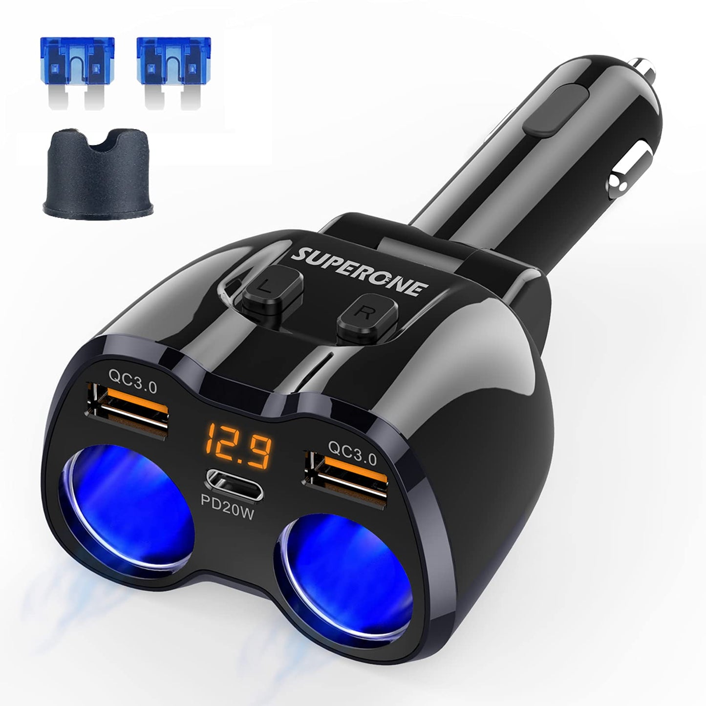 [2026 Upgraded] Cigarette Lighter Splitter, SUPERONE 180W 2-Socket Cigarette Lighter Adapter with Dual QC3.0 and 20W PD USB C Car Charger Splitter for GPS/Dash Cam/Laptop/iPad/iPhone 17/16/15/14/13/12