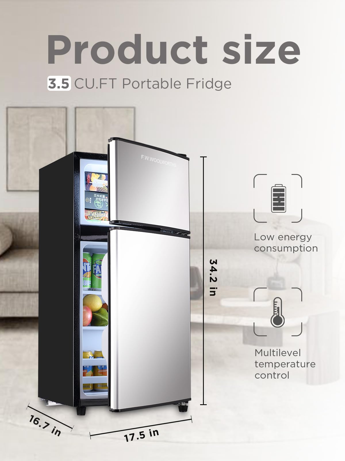 F.W.WOOLWORTHS 3.5 Cu.Ft Fridge with Freezer, Refrigerator with 2 Doors for Office, Kitchen, Dorm and Bedroom, Fridge with 7 Level Temp Adjustable Thermostat, Silver
