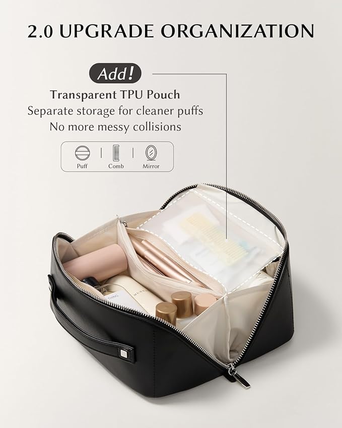 EACHY Travel Makeup Bag, Large Capacity Cosmetic Bag for Women, Waterproof PU Leather, Flat Open Portable Toiletry Bag for Skincare, Brushes & Travel Essentials