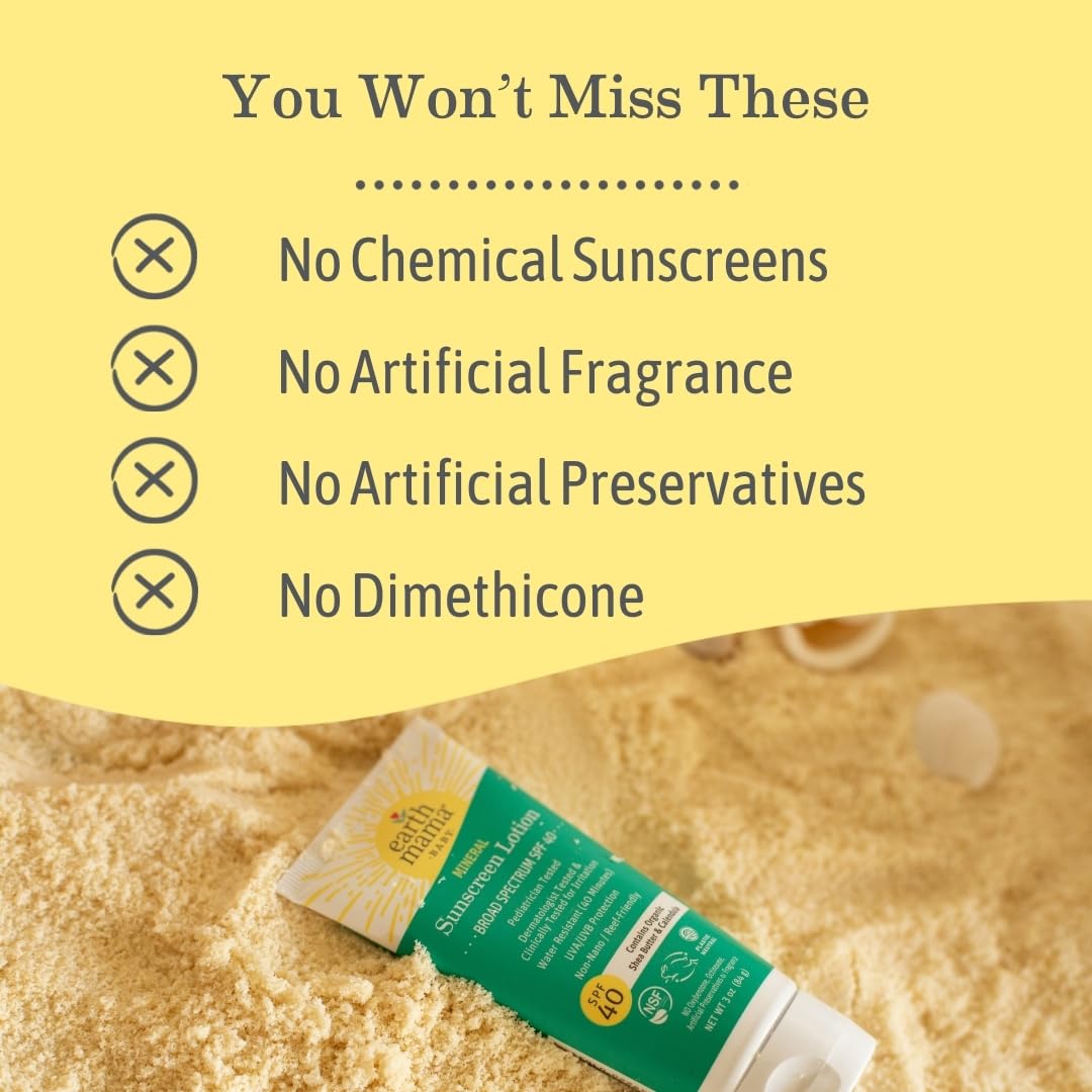 Earth Mama Baby Mineral Sunscreen Lotion SPF 40 | Non-Nano Zinc, Natural Water Resistant Sun Cream for Babies, Kids & Adults, 3-Ounce