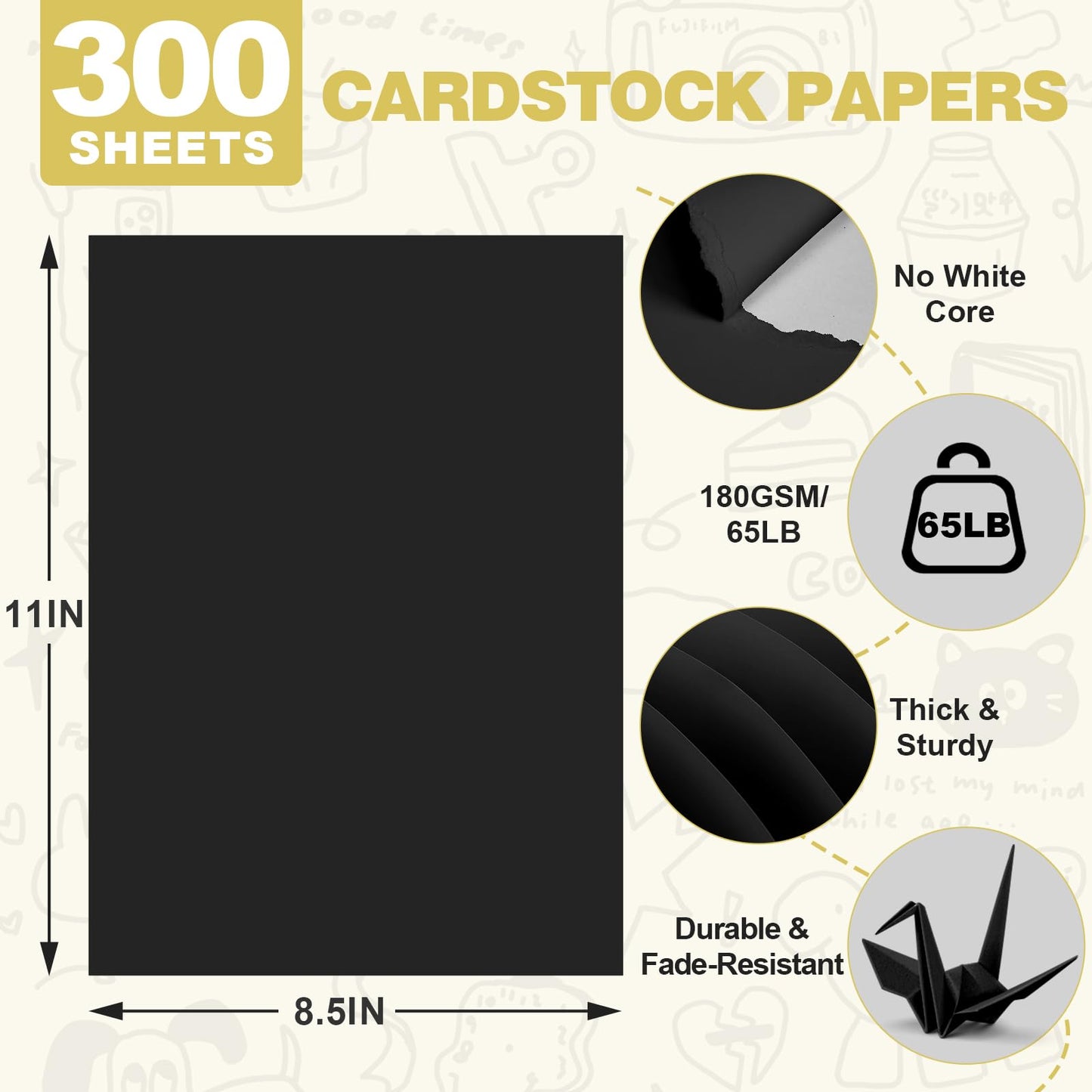 TUXIYA 300 Sheets Black Cardstock Paper,8.5 x 11 Inch Cardstock Paper,180 GSM/65LB Card Stock Printer Paper for Art,Invitations,DIY Cards,Watercolor & Craft Projects