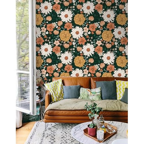 HAOKHOME Vintage Wallpaper Peel and Stick Floral Boho Moody Wall Paper Removable for Bathroom Contact Paper Green/Terracotta 17.7in x 6.6ft