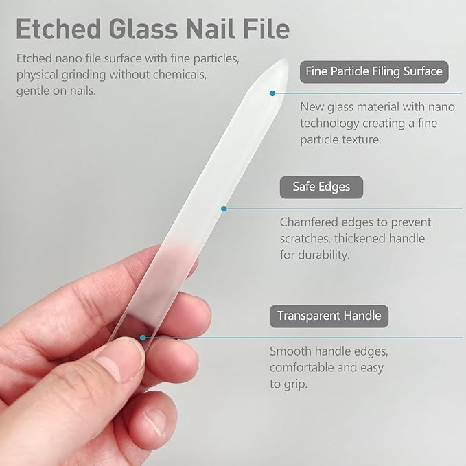 Professional 3-Piece Czech Glass Nail File Set - Handmade, Tempered Glass Files - Double-Sided, Washable, Etched for Natural Nails, Ideal Present Set