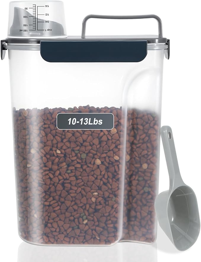 10-13 Lbs Upgrade Capacity Dog Cat Food Storage Container, Pet Dog Treat Container, Airtight, Clear Bucket Body, With 2-Cup Scoop, Handle, Large Nozzle, 4-Safety Buckles, Easy to Clean, Blue