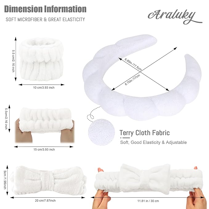Spa Headband and Wristbands Set - 6 Pcs Terry Cloth Puffy Headbands for Skincare, Makeup Removal and Shower