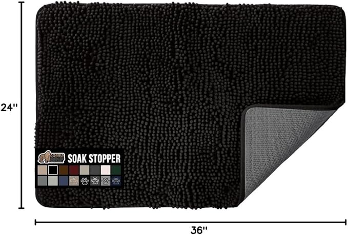 GORILLA GRIP SoakSTOPPER Dog Door Mat, 36x24 Machine Washable Rug Absorbent Doormat Captures Moisture Mud Dirt, Quick Dry Soft Chenille Entryway Rugs Indoor Entrance Mats for Dog Paws, Black