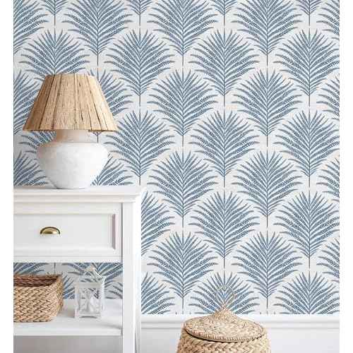Rugreat Blue/White Wallpaper Peel and Stick Modern Palm Leaf Contact Paper for Cabinets Self Adhesive Removable Wallpaper for Bedroom Boho Geometric Contact Paper Bathroom Waterproof 17.3inW 78.7inL