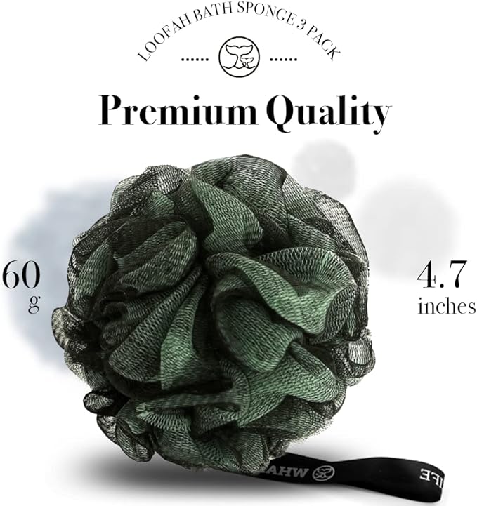 WhaleLife Loofah Bath Sponges - Gentle Exfoliating Shower Loofah for Rich Lather, Durable Matte Mesh Body Scrubber for Men & Women 4 Pack