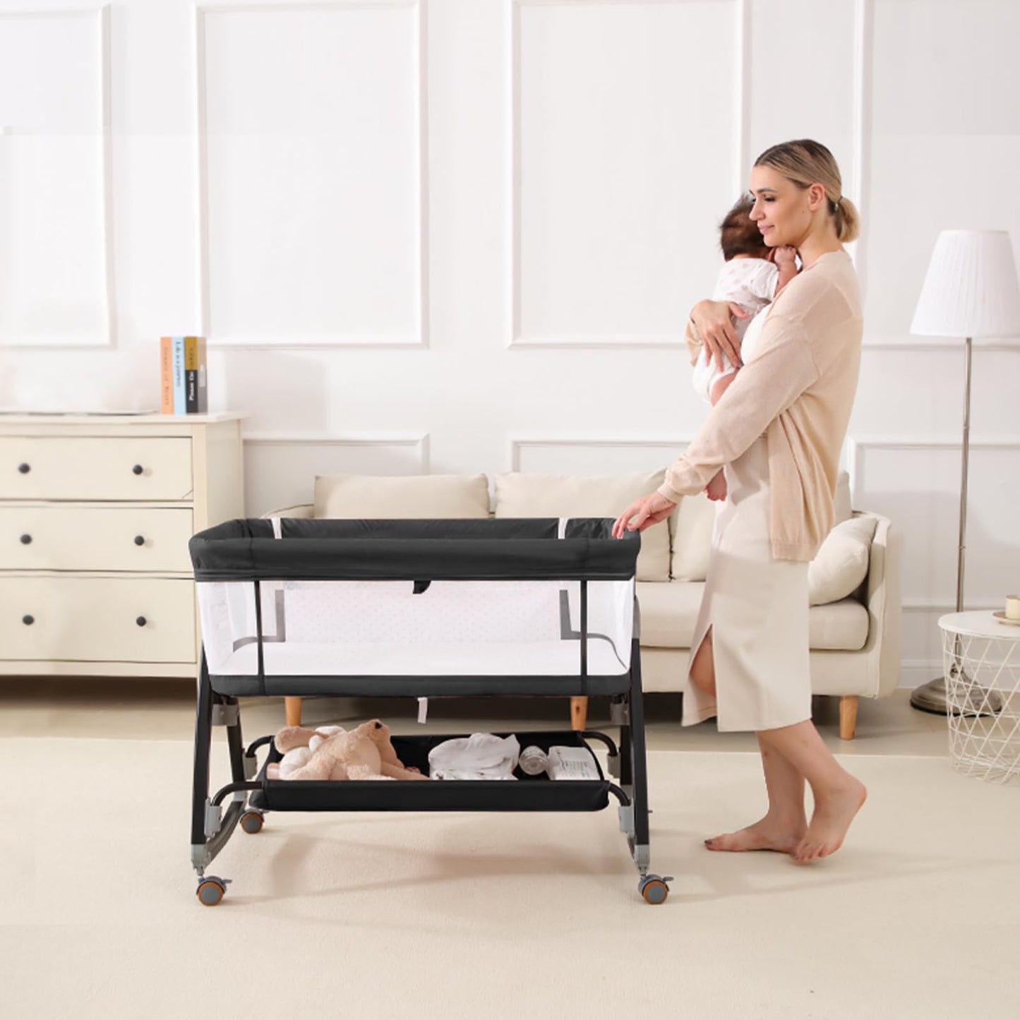 wayfong 3 in 1 Baby Bassinet Crib with Breathable Mesh, Bassinet Bedside Sleeper with Wheels, Mosquito Net, Storage Basket, 6 Height Adjustable, Easy to Assemble, Bassinets for Newborn Baby