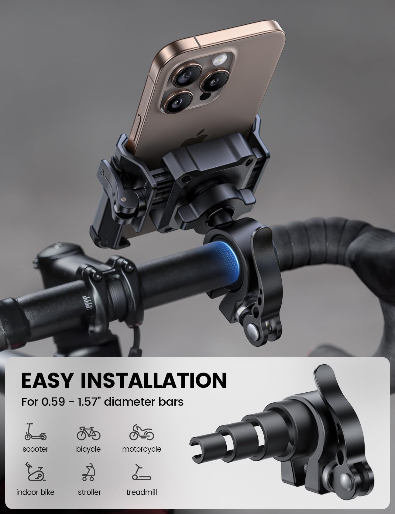 Lamicall Motorcycle Bike Phone Mount - [No Block Camera] [1s Lock] Bike Cell Phone Holder Clamp, Bicycle Scooter Handlebar Clip, Gifts for iPhone 17 16 15 14 Pro Max, Galaxy S25 Ultra, 4.7-7" Phones