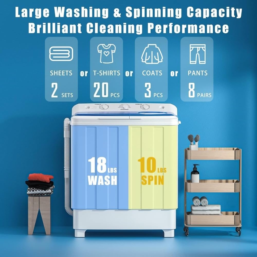 Portable Washing Machine, 28lbs Twin Tub Washer Mini Compact Laundry Machine with Drain Pump, Semi-automatic 18lbs Washer 10lbs Spinner Combo for Dorms, Apartments, RVs