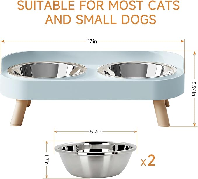 Elevated Cat Bowl, Raised Cat Food and Water Bowl Set for Indoor Cats, Splash Proof with 2 Stainless Steel Pet Food Bowls for Cats and Puppies, Whisker Fatigue and Dishwasher Safe - Blue