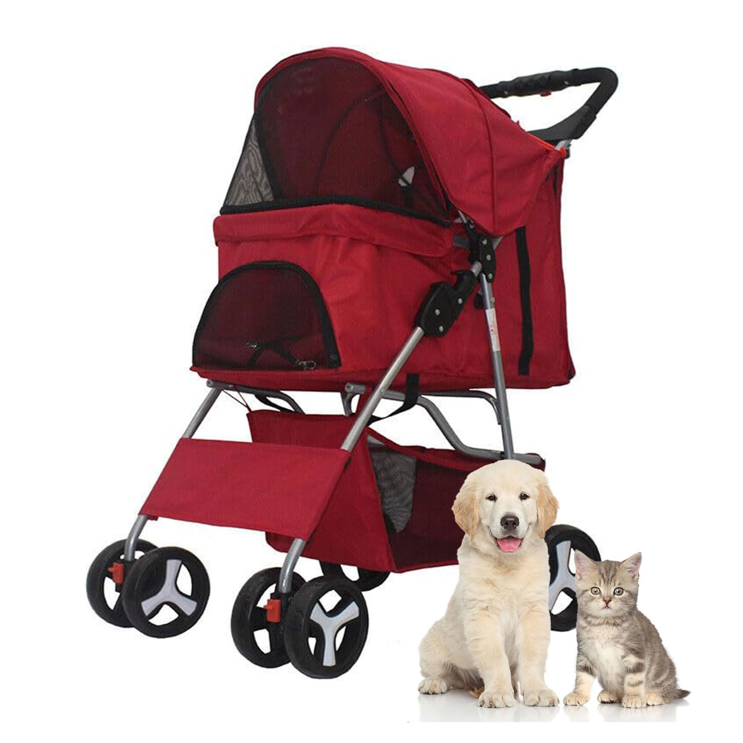 LWWJJ Pet Stroller 4 Wheels, Multifunction Dog Cat Jogger, Folding Lightweight Travel Stroller with Detachable Carrier & Cup Holder for Small/Medium Dogs and Cats, Red
