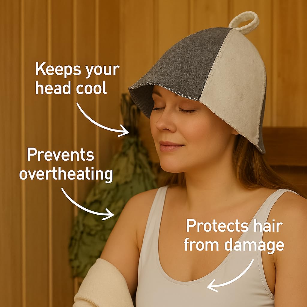 Premium Sauna Hat – 100% Natural Wool, Handmade Sauna Headwear for Men and Women – Eco-Friendly, Breathable, Insulating Hat for Sauna, Steam Room, Banya, and Bathhouse – One Size Fits All, White-Grey