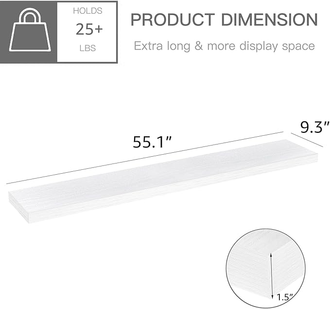QEEIG Floating Shelves for Wall 55.1" Extra Long - Wall Mounted Shelf Bathroom Kitchen Living Room Bedroom Farmhouse Home Decor Display Bookshelf Large 55.1 x 9.3 inch Set of 2, White (008-140W)