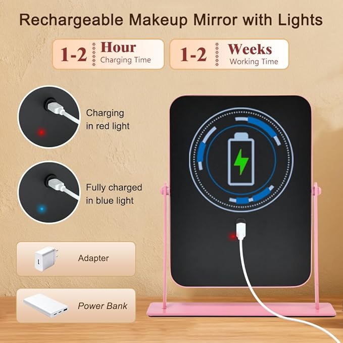 YEKKOPT Portable Desk Vanity Mirror with Lights,11"ÃÂ9" Small Pink Rechargeable Makeup Mirror with Lights,Smart Touch Screen with 3-Color Lighting,Dimmable,for Dorm Tabletop,Bedroom,Decor