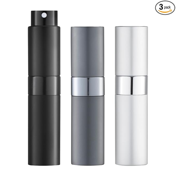 LISAPACK 8ML Atomizer Perfume Spray Bottle for Travel (3 PCS) Empty Cologne Dispenser, Portable Sprayer (Black, Silver, Grey)