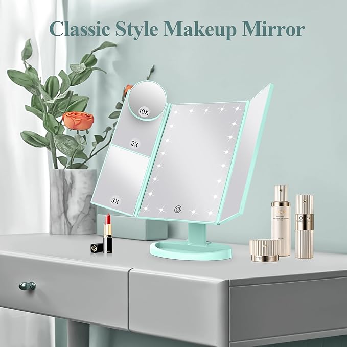 HUONUL Makeup Mirror, Vanity Mirror with Lights, 2X/3X/10X Magnification, Touch Control, Trifold Mirror, Dual Power Supply, Valentines Day Gifts for Her,Gifts for Women, Wife, Mom, Teengirls