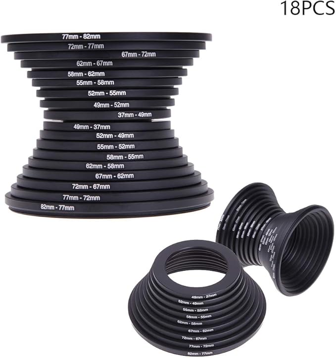 Tookie 18Pcs Filter Ring Adapter Set, 37-82mm Metal Step Up/Down Rings Lens Adapter Filter Set Compatible with Digital SLR Camera