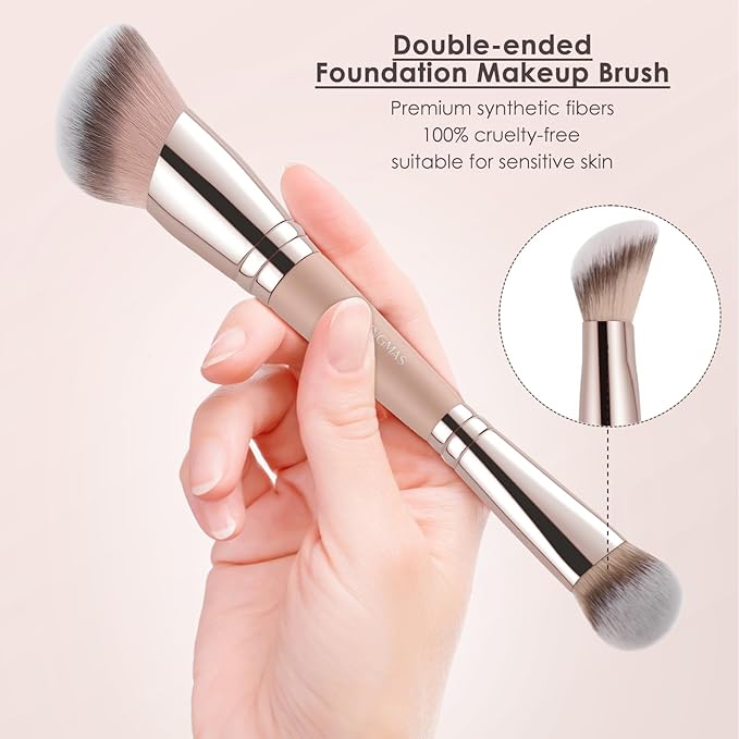 KINGMAS Foundation Brush, Dual-Ended Angled Makeup Brush for Foundation and Contour Blending Liquid Powder, Concealer Cream Cosmetics Blush, Cruelty Free Vegan (Pink)