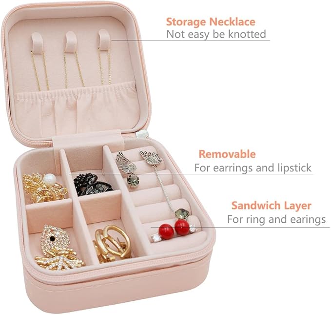 Mini Jewelry Travel Case, Small Portable Jewellry Organizer Box Portable Display Storage Box for Rings Earrings Necklaces, Gifts for Girl, Women, Wedding, Birthday, Mom, Mother's Day (Pink)